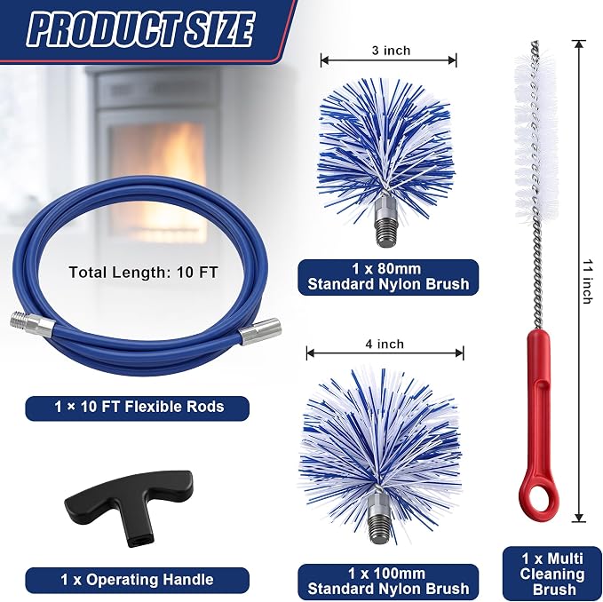 Dreyoo Pellet Stove Cleaning Brush Kit, 10 FT Flexible Steel Rod with 3" & 4" Brush Head, T Handle, Multi Purpose Flue Detail Cleaner, Nylon Stove Flue Pipe Kit for Pellet Furnace Exhaust Pipes