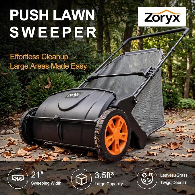 Zoryx 21-Inch Push Lawn Sweeper, Manual Leaf Sweeper for Yard & Lawn Debris, 3.5 cu.ft. Collector Bag, Artificial Turf Cleaner with Adjustable Height, Easy Assembly & Foldable Storage