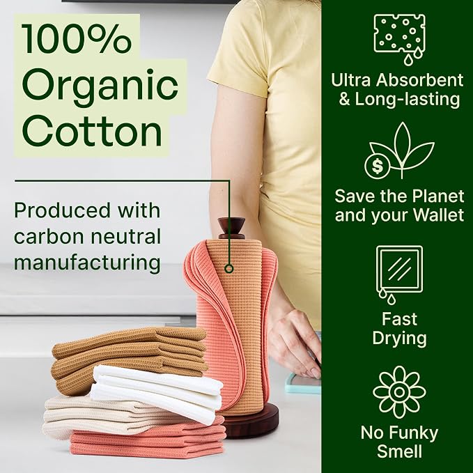 mioeco 24 Pack Multicolored Reusable Paper Towels - Nature Friendly - Organic Cotton Alternative - Thick, Strong, Paperless Kitchen Dish Cloths - Reusable Napkins - Dish Towels - Cloth Napkin