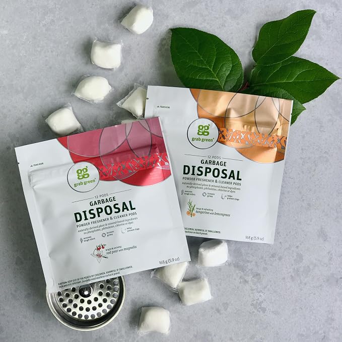 Grab Green Natural Garbage Disposal Cleaner, Deoderizer & Freshener Pods, Red Pear + Magnoliea—with Essential Oils, 12 Pods, Plant & Mineral-Based Ingredients