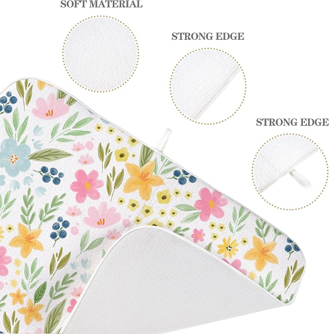 Spring Dish Drying Mat 18x24 Inches For Kitchen Counter Absorbent Pink Yellow Floral Kitchen Decoration Summer Colorful Flower Drying Mat Pad For Home Kitchen,Dining Room,Office Decor