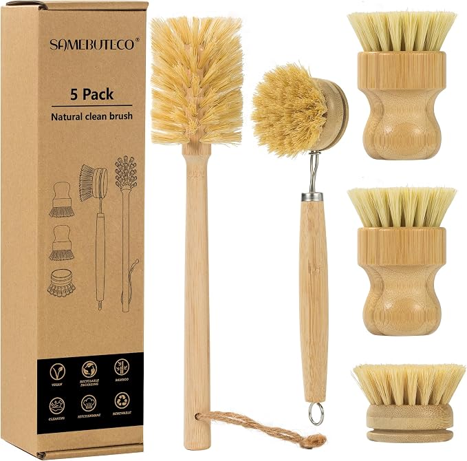 SAMEBUTECO 5 Piece Bamboo Dish Brush Set,11.5’’ Long Handle Bottle Brush with Sisal Bristles, 3 Pot Brushes,1 Replaceable Heads, Natural Kitchen Brush for Pot,Pans,Sink,Vegetables
