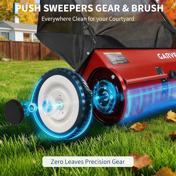 Garvee 26-Inch Push Lawn Sweeper for Yard and Garden Cleanup Red | 4 Leaf Sweeper Brush, Large 7 cu. ft. Hopper Bag, Height Adjustable, Durable Steel Frame