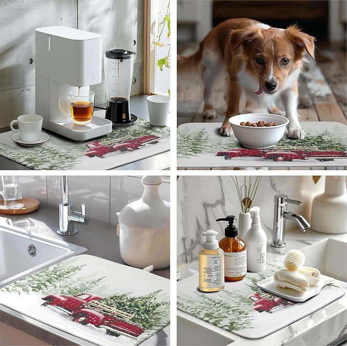 Christmas Dish Drying Mat Red Truck Xmas Tree Drying Mats for Kitchen Counter Winter Holiday Dishes Drainer Mats Absorbent Microfiber Dish Draining Pad Extra Large 18x24 Inch