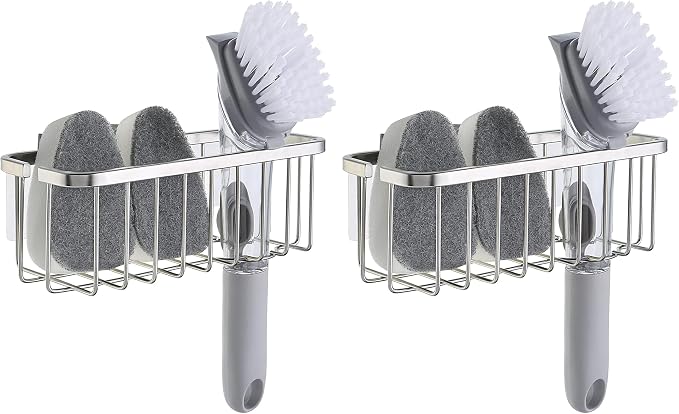 SunnyPoint NeverRust Deluxe Kitchen & Bathroom Sink Sponge Holder Organizer with Adhesive Mount - Additional Suction Cup Included – Sponge & Brush NOT Included – 7.4 x 3.3 x 2.75 Inch (Pack of 2)