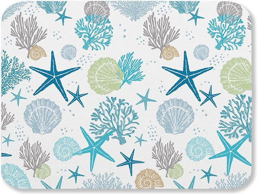 Summer Coastal Shell Dish Drying Mat for Kitchen Counter Sink, Blue Absorbent Microfiber Drying Pad, Reversible Beach Decor Countertop Mat