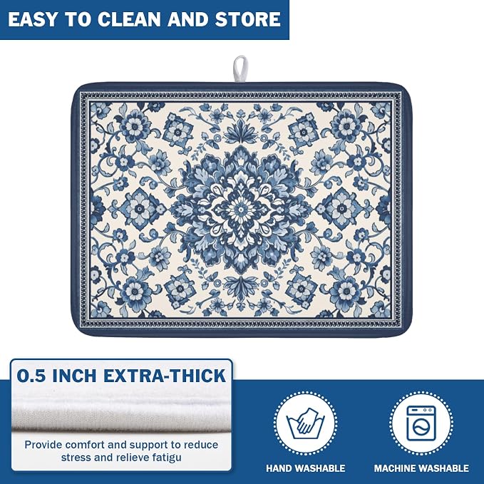 Blue Floral Dish Drying Mat for Kitchen Counter Vintage Flower Pattern Microfiber Dish Drainer Mat Rustic Farmhouse Absorbent Washable Drying Pad Extra Large 18"x24"