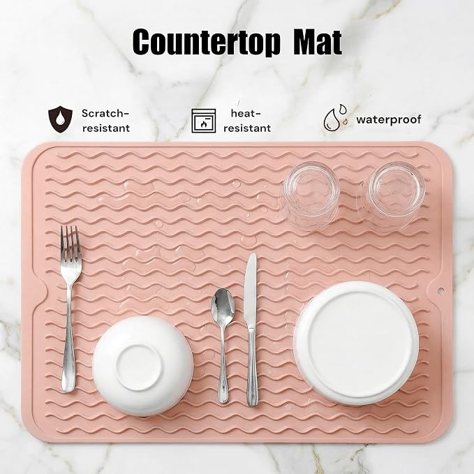 MicoYang Silicone Dish Drying Mat — Quick-Dry Ridges Counter & Sink Pad, Heat-Resistant Trivet to 450°F, Non-Slip & Dishwasher Safe, Roll-Up Storage, 18 Colors & 9 Sizes (Pink, 16"×12")