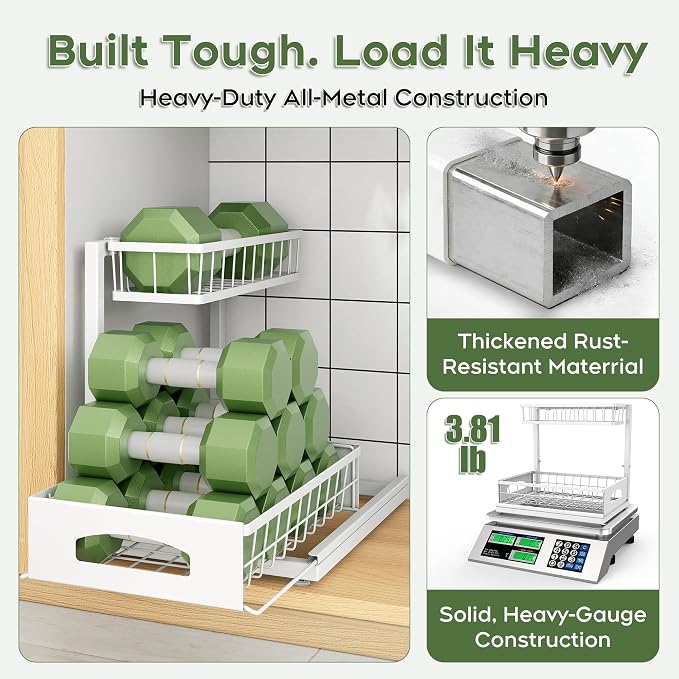 Under Sink Organizer, Cabinet Organizer for Kitchen, Height Adjustable Pull Out Heavy Duty 2 Tier Metal Under Sink Storage for Bathroom Pantry (White, 1 Pack)