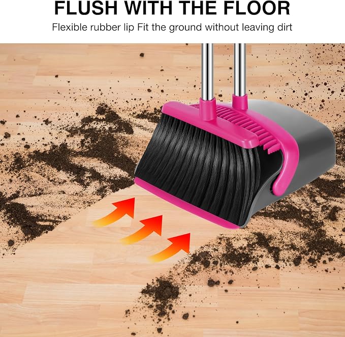 NACENA Broom and Dustpan Set with 52-in Long Adjustable Handle, Grey Rose | Broom Dustpan Combo with Dustpan Teeth to Automatically Clean Hair Suitable for Home Kitchen Office Hall Floor