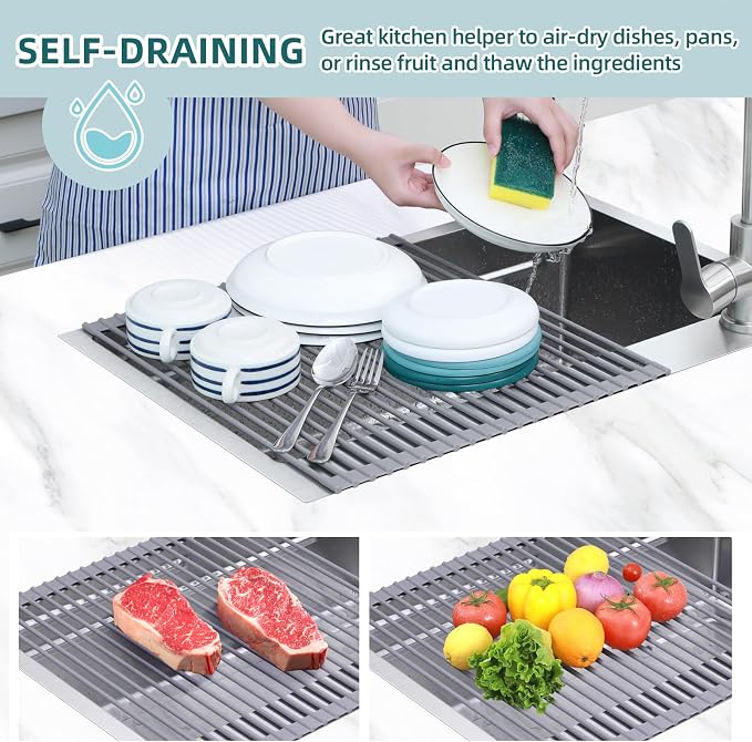 Ohuhu Over Sink Dish Drying Rack Silicone Wrapped 17.6" W x 15.4" L Large Over the Sink Roll Up Dish Drainer - Foldable Sink Drying Rack Rolling Drain Mats Anti-Slip Multipurpose for Kitchen Counter
