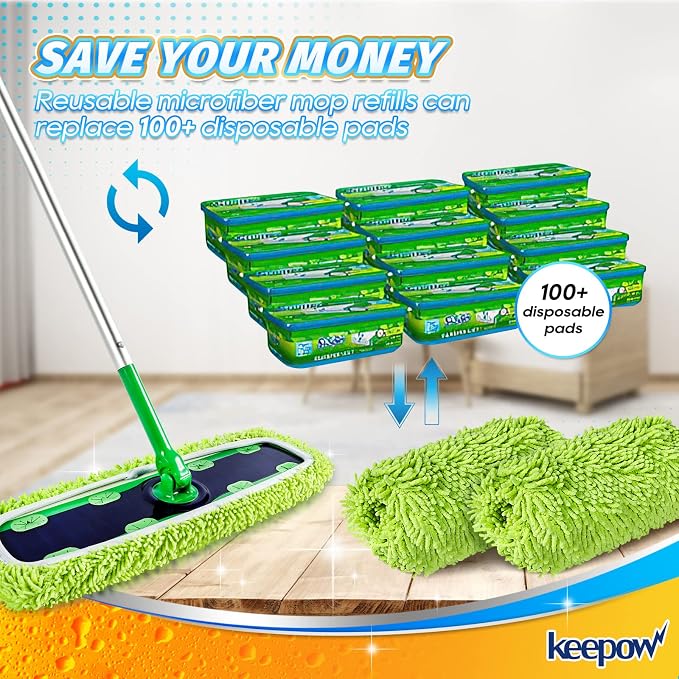 KEEPOW Reusable XL Wet Pads Refills for Swiffer XL Mop Sweeper, 2 Pack | X-Large Dry-sweeping / Wet-mopping Microfiber Cloths for Surface/Hardwood Floor Cleaning
