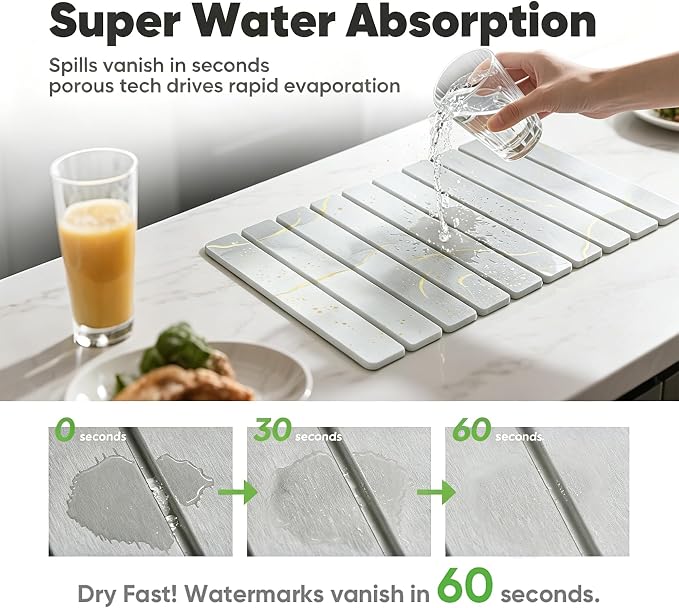 Stone Drying Mat for Kitchen Counter, Quick Diatomaceous Earth Mats for Dishes, 24"L x 16" W Super Absorbent Fast-Drying Collapsible Countertop Stone Mat (Marble White Yellow, 24" x 16")