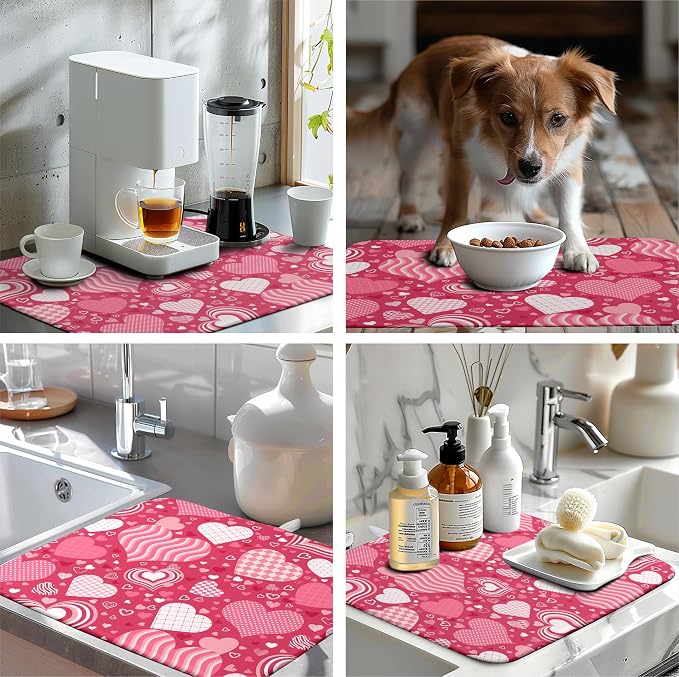 Red Heart Valentine Dish Dry Mat - 18x24 Inch Absorbent Reversible Dish Pad for Kitchen Counter