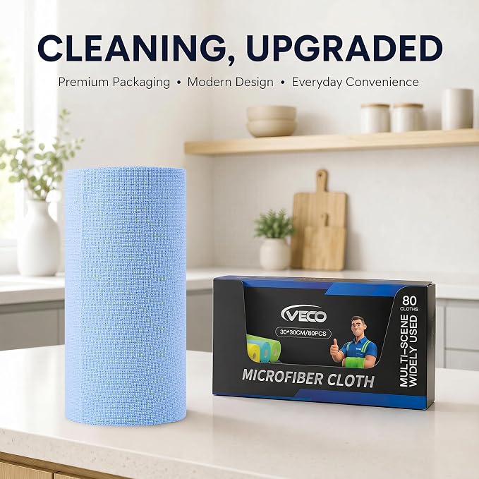 Veco Microfiber Cleaning Cloth Roll 80 PCS, 12" x 12" | Lint-Free, Streak-Free, Tear Away Reusable Microfiber Towels, Cleaning Rags for Kitchen, Car & Home, Blue