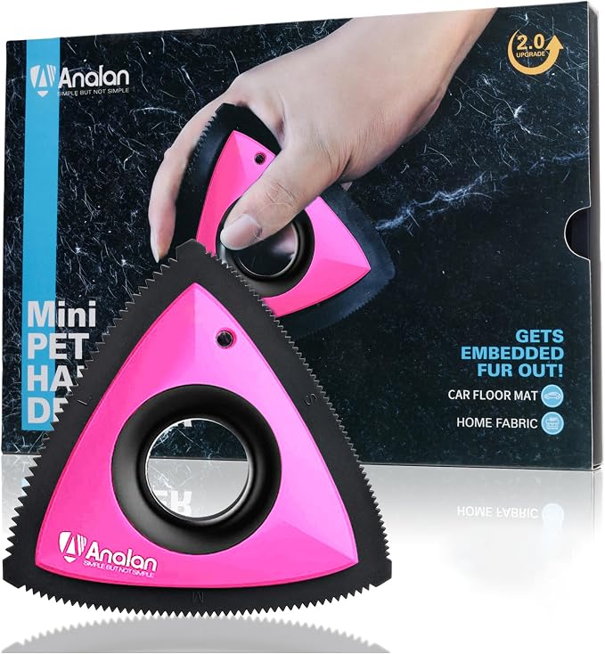 Analan Mini Pet Hair Remover for Car Detailing Dog Hair Tool Brush(Pink) | Deep Cleaning, Reusable Rubber, Gentle on Fabrics, Triangle Design For Car Interiors, Couch, Rugs, Carpet, Mats & Furniture