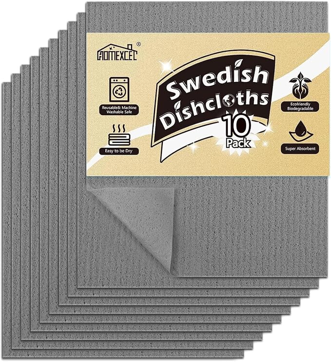 HOMEXCEL Swedish Dishcloths for Kitchen 10 Pack, Sponge Dish Cloth for Counters & Washing Dishes, Reusable and Absorbent Paper Towels, Grey