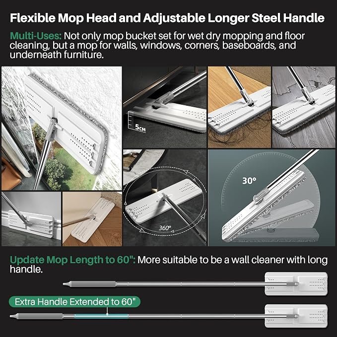 JOYMOOP Flat Mop System, Microfiber Mop and Bucket Set, White, Commercial & Household Use, Hardwood Floor & Wall Cleaning Mop with Long Handle, 4 Microfiber Pads