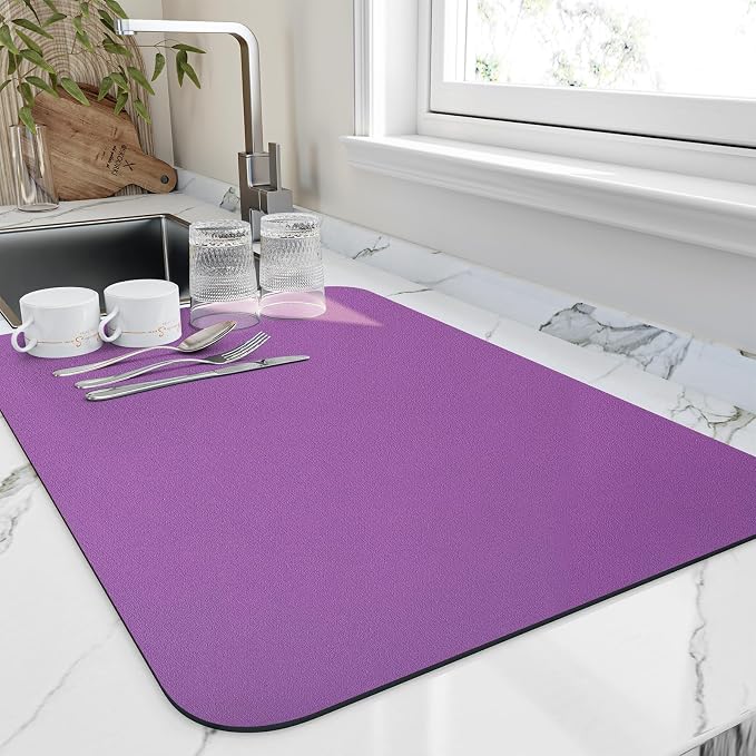 HotLive Dish Drying Mat for Kitchen Counter, Heat Resistant Drainer Mats with Non-slip Rubber Backed, Hide Stain Kitchen Super Absorbent Draining Mat, Easy to Clean Dish Rack Pad, Purple 18"x24"