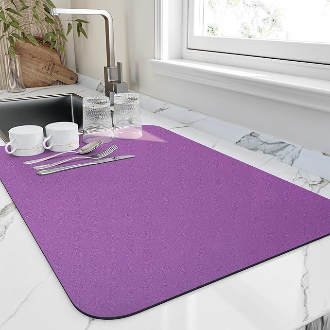 HotLive Dish Drying Mat for Kitchen Counter, Heat Resistant Drainer Mats with Non-slip Rubber Backed, Hide Stain Kitchen Super Absorbent Draining Mat, Easy to Clean Dish Rack Pad, Purple 18"x32"