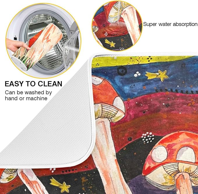 Absorbent Dish Drying Mat for Kitchen Counter - Cute Little Mushroom Microfiber Drying Pad, Reversible Drainer Mats for Countertop, Lager 18 x 24 inch