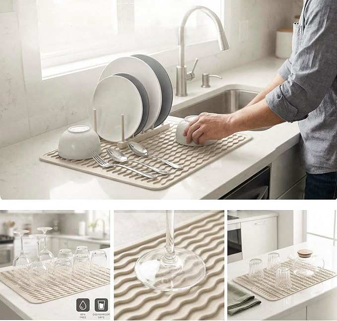 MicoYang Silicone Dish Drying Mat — Quick-Dry Ridges Counter & Sink Pad, Heat-Resistant Trivet to 450°F, Non-Slip & Dishwasher Safe, Roll-Up Storage, 18 Colors & 9 Sizes (Tapioca, 16"×12")