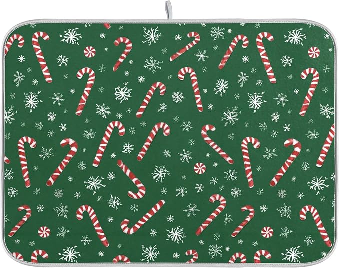 Christmas Candy Cane Dish Drying Mat for Kitchen Countertop 18x24 Winter Snowflake Green Xmas Large Drying Mat Reusable Quick Dry Dish Sink Mats Easy Clean Decorative Essentials