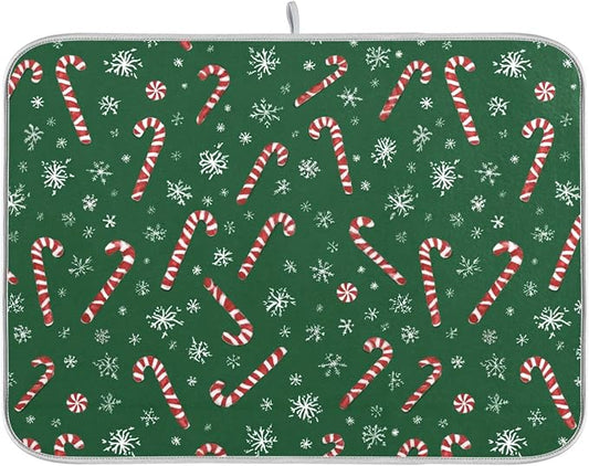 Christmas Candy Cane Dish Drying Mat for Kitchen Countertop 18x24 Winter Snowflake Green Xmas Large Drying Mat Reusable Quick Dry Dish Sink Mats Easy Clean Decorative Essentials