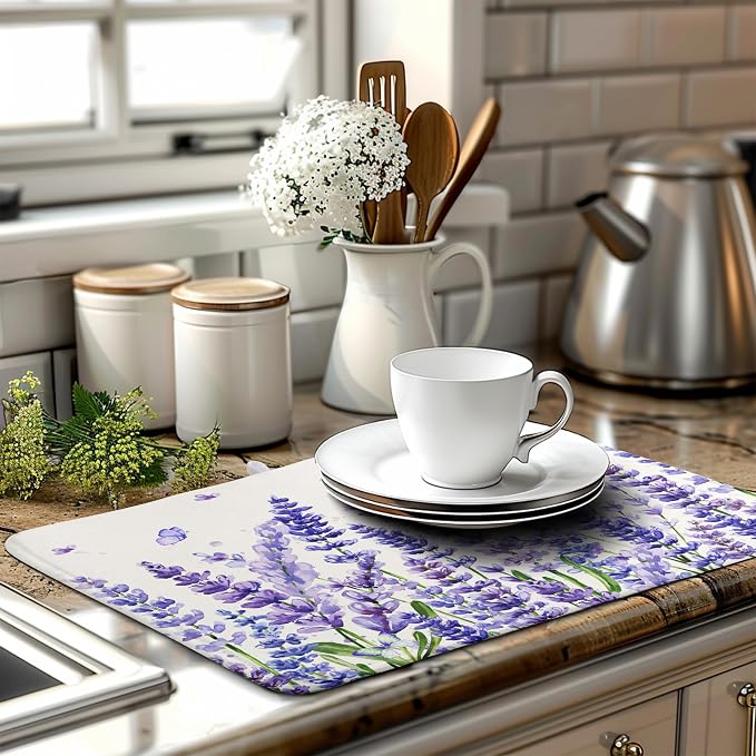 Purple Lavender Dish Drying Mat for Kitchen Counter Spring Summer Flower Floral Dishes Drainer Mats Absorbent Microfiber Dish Drying Pad Washable Dish Draining Mat Extra Large 18x24 Inch