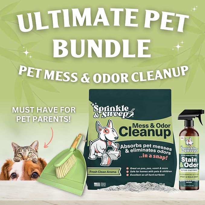Sprinkle & Sweep: Pet Mess & Odor Cleanup Bundle - 15oz Bag, Dustpan Broom, 24oz Enzyme Stain Spray - Dog Accident Clumping Powder & Spot Treatment