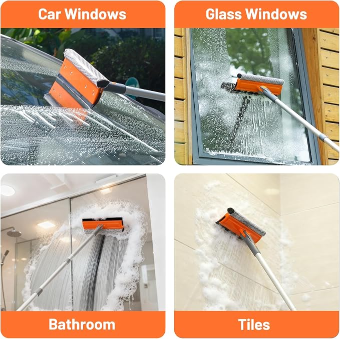 Eazer 46'' Professional Window Cleaner Tool, 2-in-1 Rotatable Squeegee for Window Cleaning Kit, Window Washing Equipment Kit with Threaded Extension Pole(20''-46'') for Shower/Windshield.