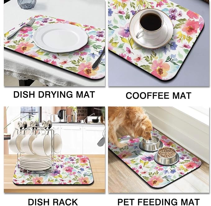 Dish Drying Mat 2-Pack in Watercolor Floral for Kitchen Counter Dishes Mat | Diatom Mud Mats (18x24, 19.5x12"). Non-slip rubber back for kitchen counter, coffee bar & sink scenes