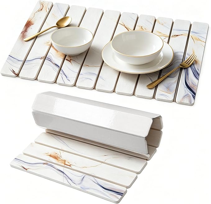 Stone Drying Mat for Kitchen Counter, Quick Diatomaceous Earth Mats for Dishes, 24"L x 16" W Super Absorbent Fast-Drying Collapsible Countertop Stone Mat (Marble White-05, 24" x 16")