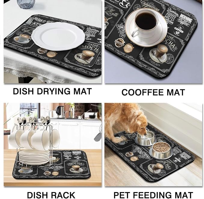 Coffee Bar Mat Accessories for Countertop Super Absorbent Anti-Slip Silicone Flower Dish Drying Mats for Kitchen Counter Draining Pad Decor Gift Fit Coffee Maker Coffee Pot Espresso Machine 24inx18in