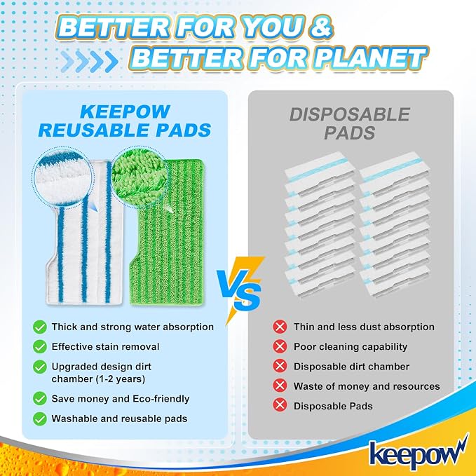 KEEPOW Reusable Mop Pads Replacement Compatible with Shark Vac Mop VM252 | VM401 VM180 VM200 VC205 VM250 QM250 VM190, Washable Vacuum Mop Pad Refills, Upgraded Design of Dirt Chamber (1+2+2+2 Pads)