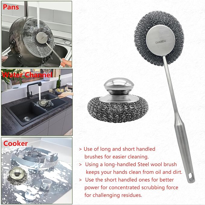Stainless Steel Wool Scrubber Set, Long HandleBrushes for Pots, Pans, Grills & Cutlery Cleaning (3 Pack)