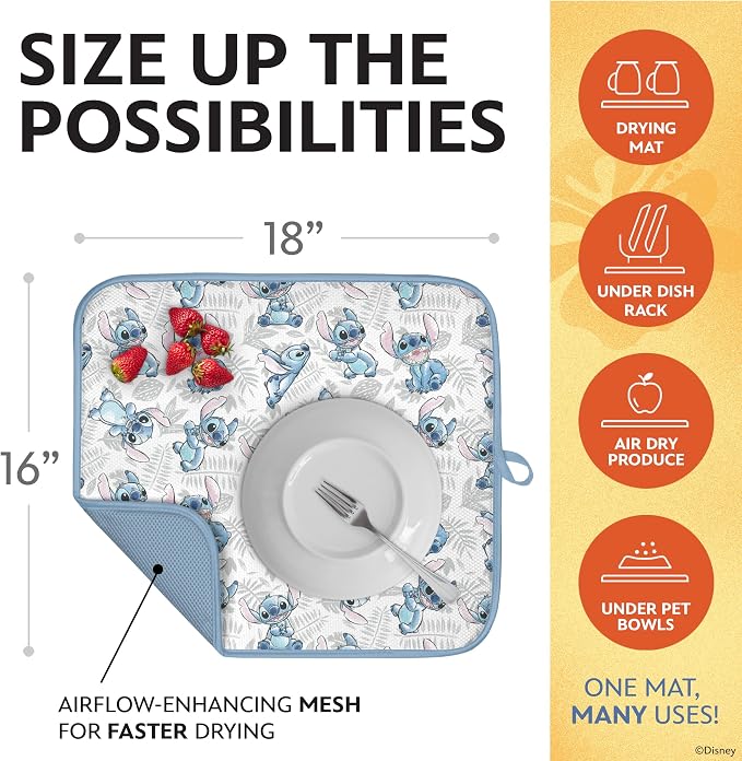 Disney Dish Drying Mats for Kitchen Counter (2 Pack) – 16" x 18" Absorbent Kitchen Drying Mats for Dishes – Fast-Drying, Machine Washable Dish Mats – Mickey & Minnie, Winnie the Pooh, & Stitch