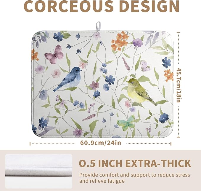 Spring Floral Birds Dish Drying Mats Spring Summer Dish Mat Green Leaf Butterfly Drying Matt Dishes Dryer Pad for Kitchen Counter Absorbent Microfiber Washable Foldable Reusable 18x24 in