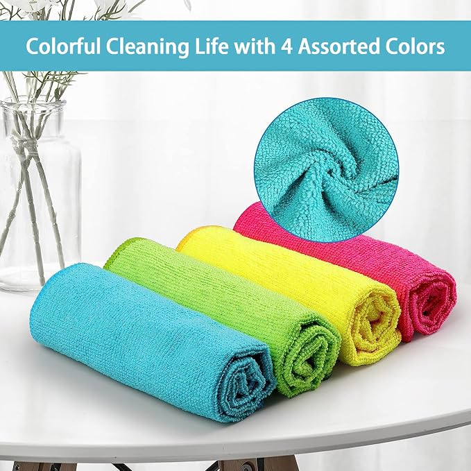 HOMEXCEL 100PK Microfiber Cleaning Cloth, Cleaning Rag for Home, 11.5x11.5 | Reusable, Lint Free, Scratch-Free and Highly Absorbent Towels for Kitchen, Window and Glass, Cars (Green/Blue/Yellow/Pink)