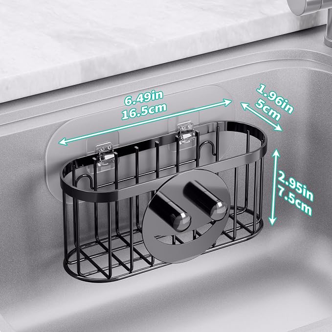 HapiRm Sink Caddy Sponge Holder - 2 Installation Ways Kitchen Sink Organizer with Smiley Face Sponge Holder, Stainless Steel Kitchen Caddy - Black