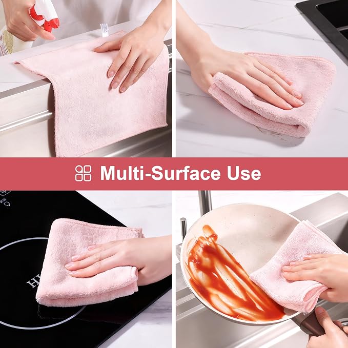 JOYMOOP Microfiber Cleaning Cloths, 11.8" x 11.8" Pink Reusable Kitchen Towels, Lint-Free Cleaning Rags, Super Absorbent Cleaning Cloths for Kitchen, Car, and Household Cleaning, 18 Packs