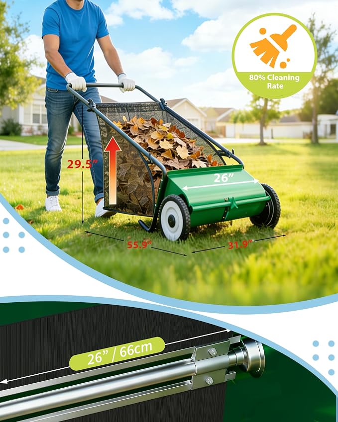 Garvee Push Lawn Sweeper,26-Inch Width Enhanced 4-Brush System with Large 7 cu. ft. Hopper Bag, Ideal for Yard and Garden Cleanup, Green | Brush Height Adjustment, All-Terrain Suitable, 7 cu.ft Hopper Bag, Durable Steel Frame, Easy Setup, Compact & Spa...