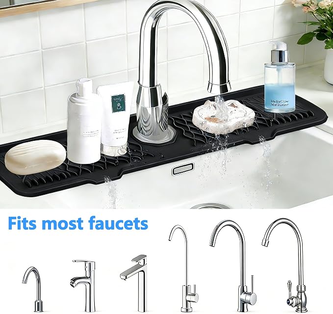EBIGIC 24 Inch Silicone Faucet Mat for Kitchen Sink, 7° Slope Fast Self-Draining Sink Splash Guard, Kitchen Sink Water Catcher Organizer, Kitchen Sink Accessories (Black, 24''x5.6'')