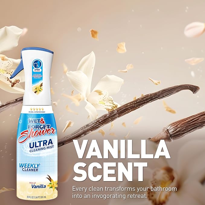 WET & FORGET Shower Ultra Cleaner Mist Vanilla Scent No-Scrub Weekly Bathroom Spray for Fiberglass, Tile, Glass, Grout & More, 1 Spray and 1 Refill, 20oz each