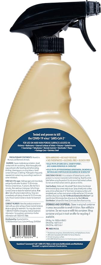 MicroGold Multi-Action Disinfectant Antimicrobial Spray Tested and Proven Effective to Kill the COVID-19 Virus, Kills 99.9% of Viruses and Bacteria, 24 Fluid Ounces, 1 Pack, Packaging May Vary