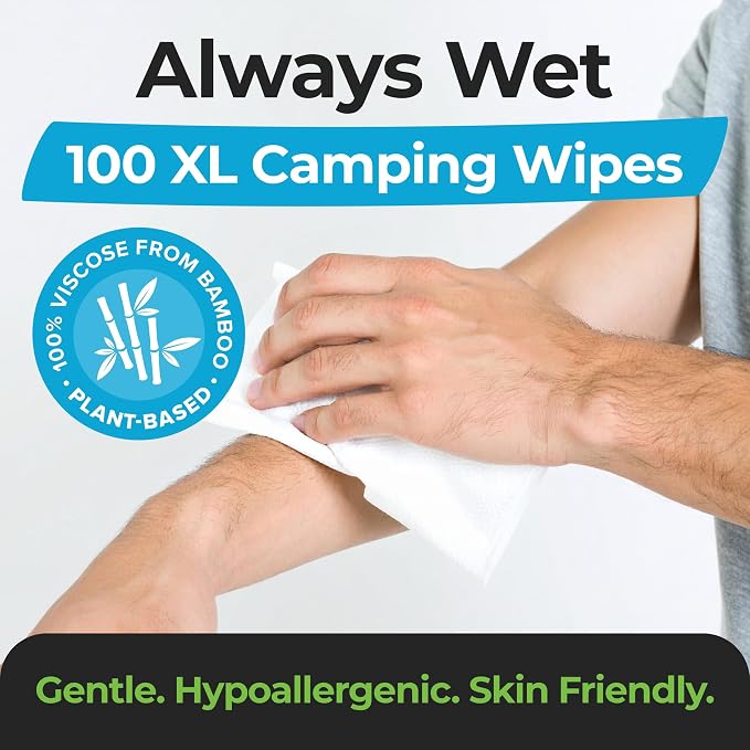 Camping Essentials - Body Wipes for Camping Adults Bathing No Rinse - 100 XL Deodorant Bathing Shower Wipes For Men Women - Personal Hygiene Cleansing Cloth with Aloe - Camping Accessories Supplies