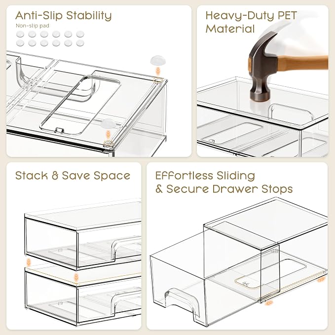 Criusia Stackable Storage Drawers, 3 Pack Clear Acrylic Makeup & Bathroom Organizer, Versatile Storage Bins for Vanity, Under Sink, Kitchen Cabinets & Pantry