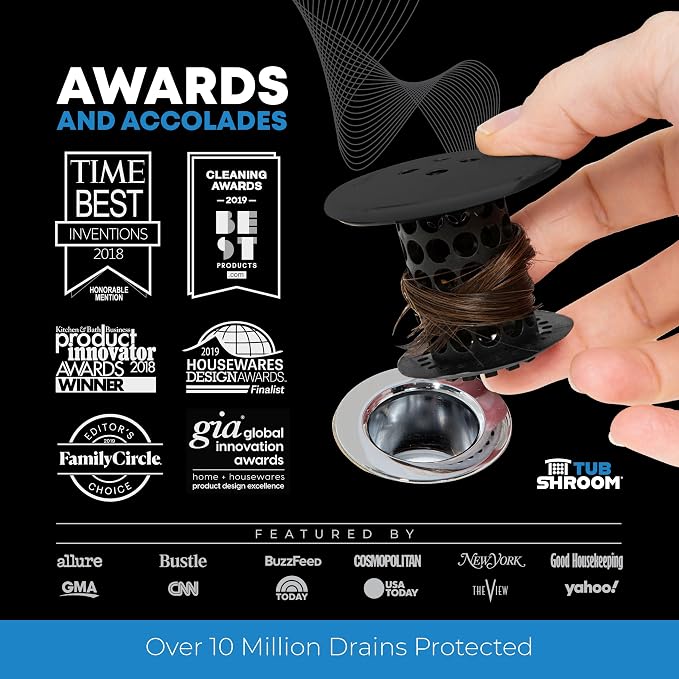 TubShroom Bathtub Drain Hair Catcher – in-Drain Tub Strainer & Clog Prevention Protector, Fits Standard 1.4”–1.75” Tub Drains, Easy Clean, Captures Human & Pet Hair Out of Sight (Matte Black)
