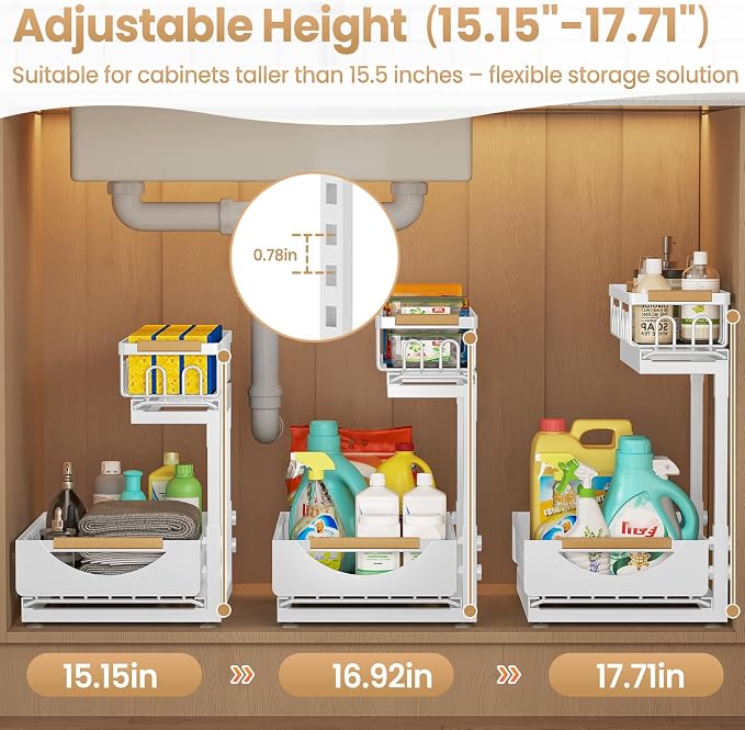 Under Sink Organizer and Storage for Bathroom and Kitchen - 2 Pack 2 Tier Under Cabinet Pull Out Shelf Organizers - Slide Out Drawer Organization for Home Cabinets Shelves and Drawers