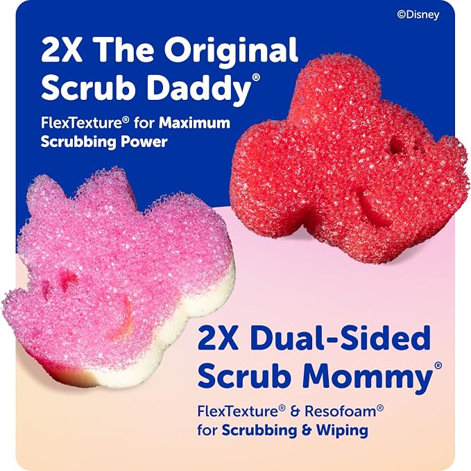 Scrub Daddy Mickey & Minnie Mouse Dish Sponges - Includes 2 Scrub Daddy Kitchen Sponges & 2 Scrub Mommy Dish Scrubbers - Dual-Sided, Odor-Resistant & Scratch-Free - Special Edition Set (4 Count)